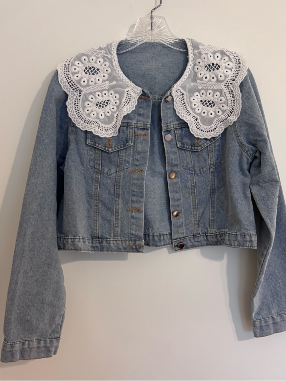 Light Blue Denim Jean Jacket with White Lace Collar